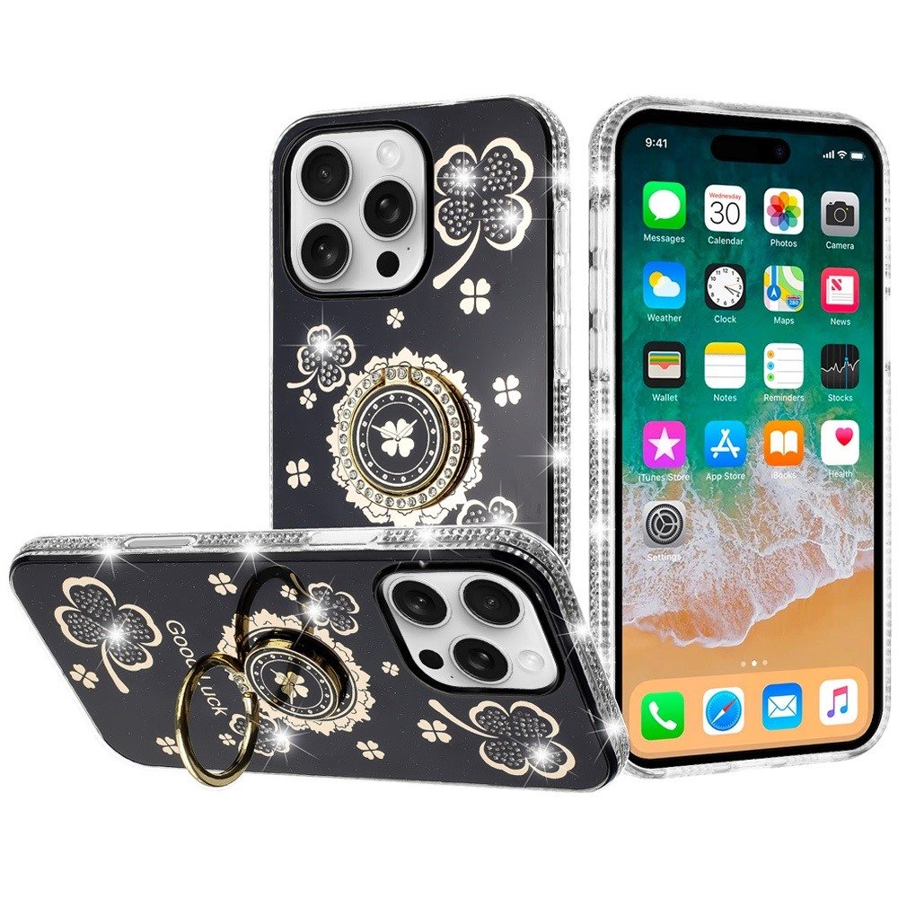 for iphone 16 pro max 6.9 inch splendid glitter with diamonds all around edges ring stand case cover black