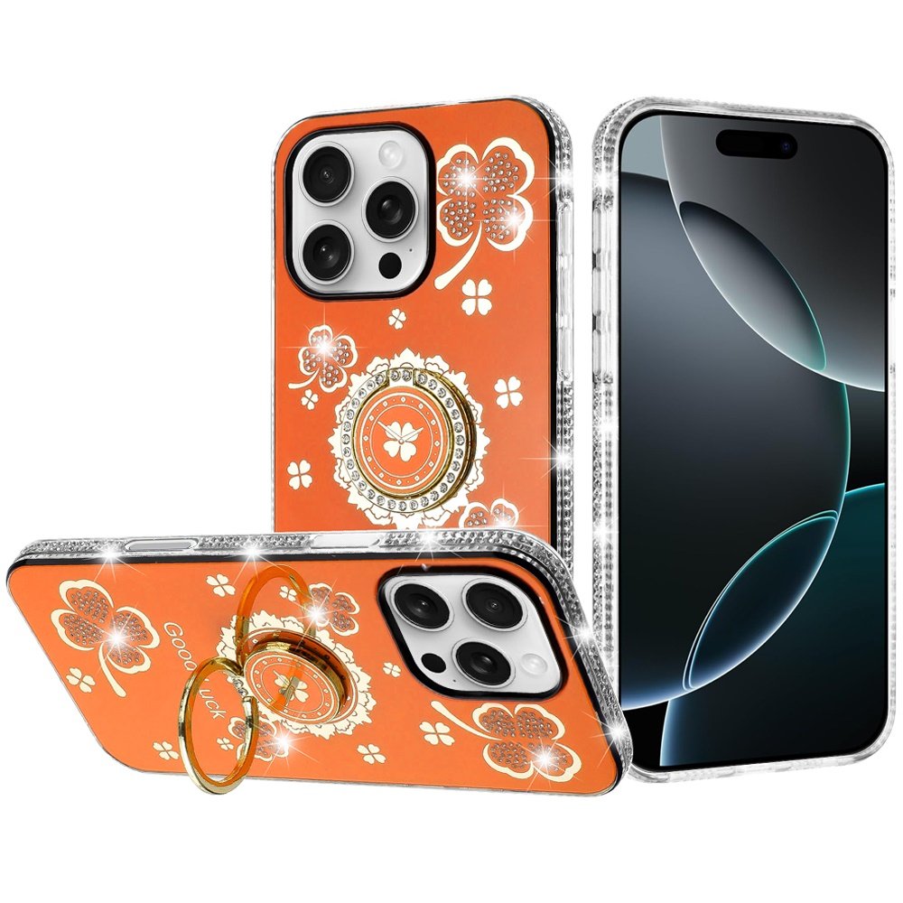 for iphone 16 pro max 6.9 inch splendid glitter with diamonds all around edges ring stand case cover cosmic orange