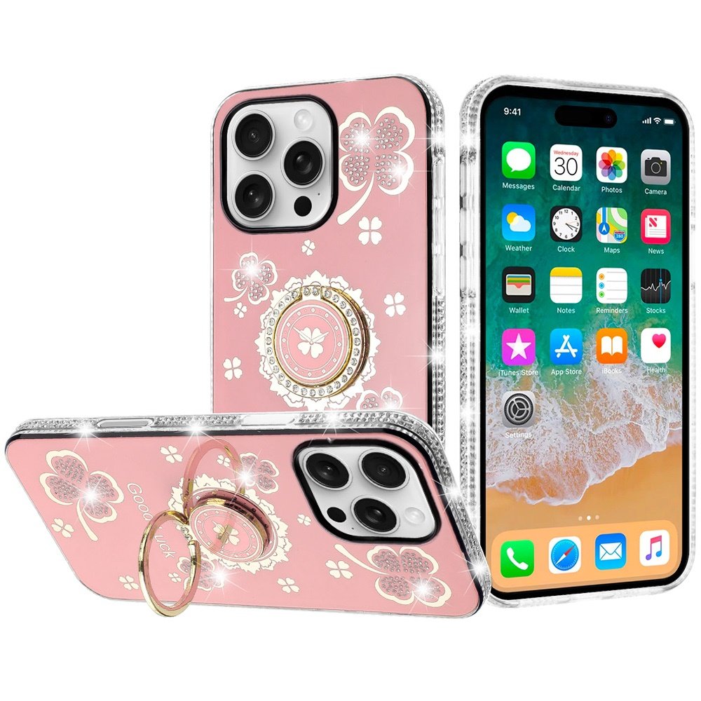for iphone 16 pro max 6.9 inch splendid glitter with diamonds all around edges ring stand case cover pink