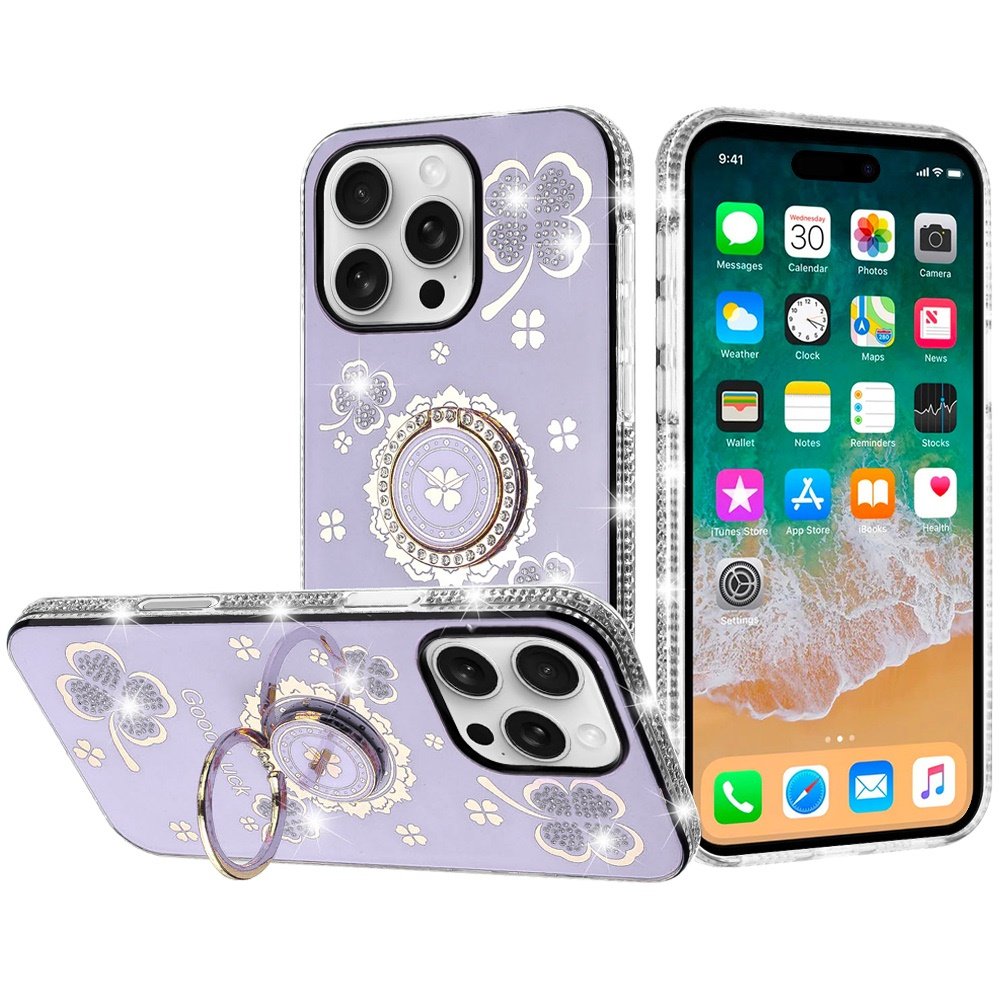 for iphone 16 pro max 6.9 inch splendid glitter with diamonds all around edges ring stand case cover purple