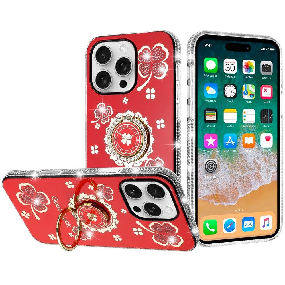 for iphone 16 pro max 6.9 inch splendid glitter with diamonds all around edges ring stand case cover red