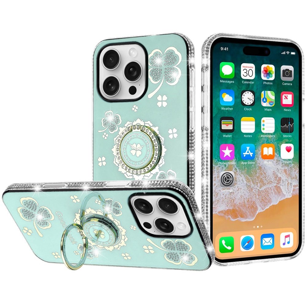 for iphone 16 pro max 6.9 inch splendid glitter with diamonds all around edges ring stand case cover teal