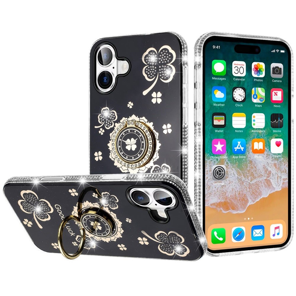 for iphone 16 plus 6.7 inch splendid glitter with diamonds all around edges ring stand case cover black