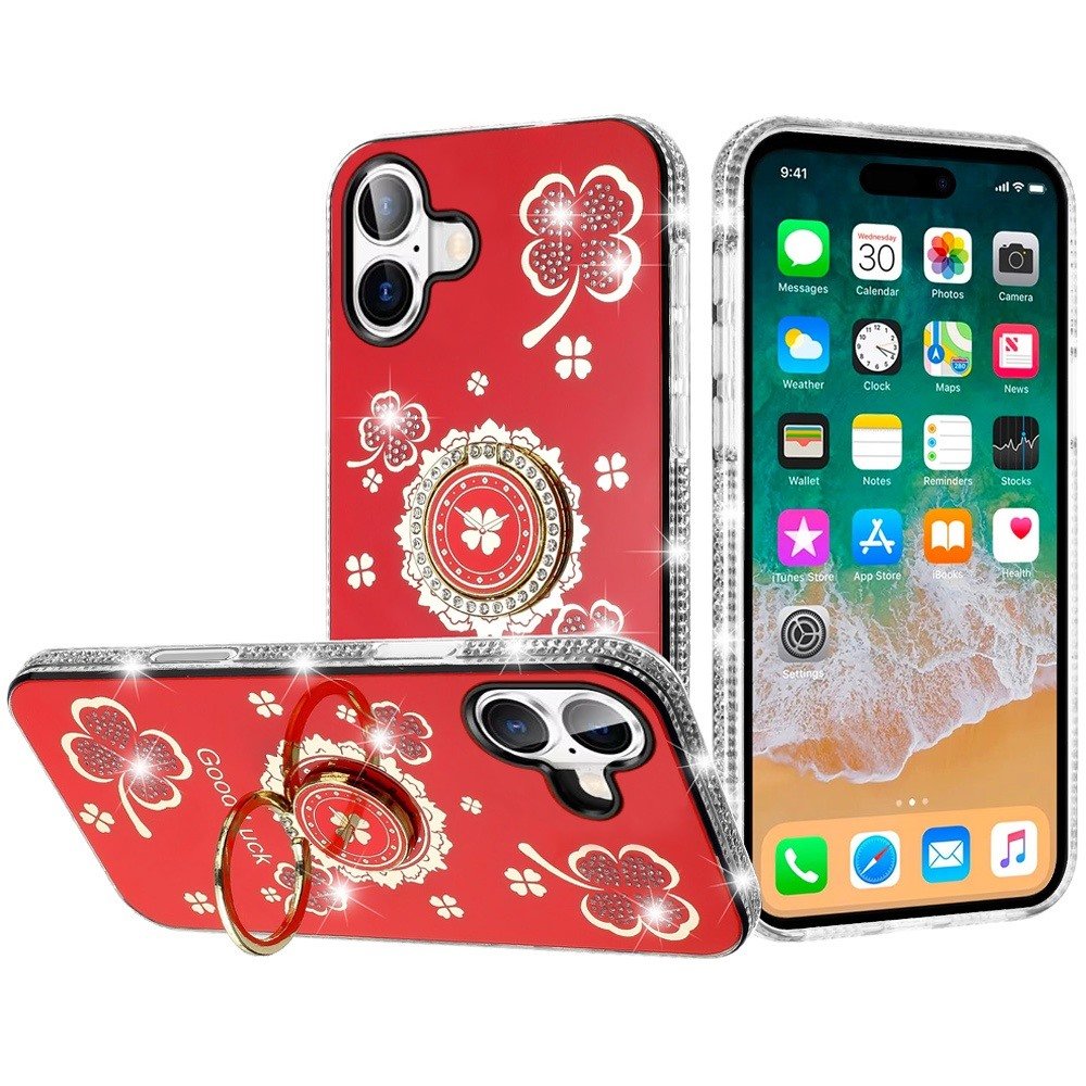 for iphone 16 plus 6.7 inch splendid glitter with diamonds all around edges ring stand case cover red