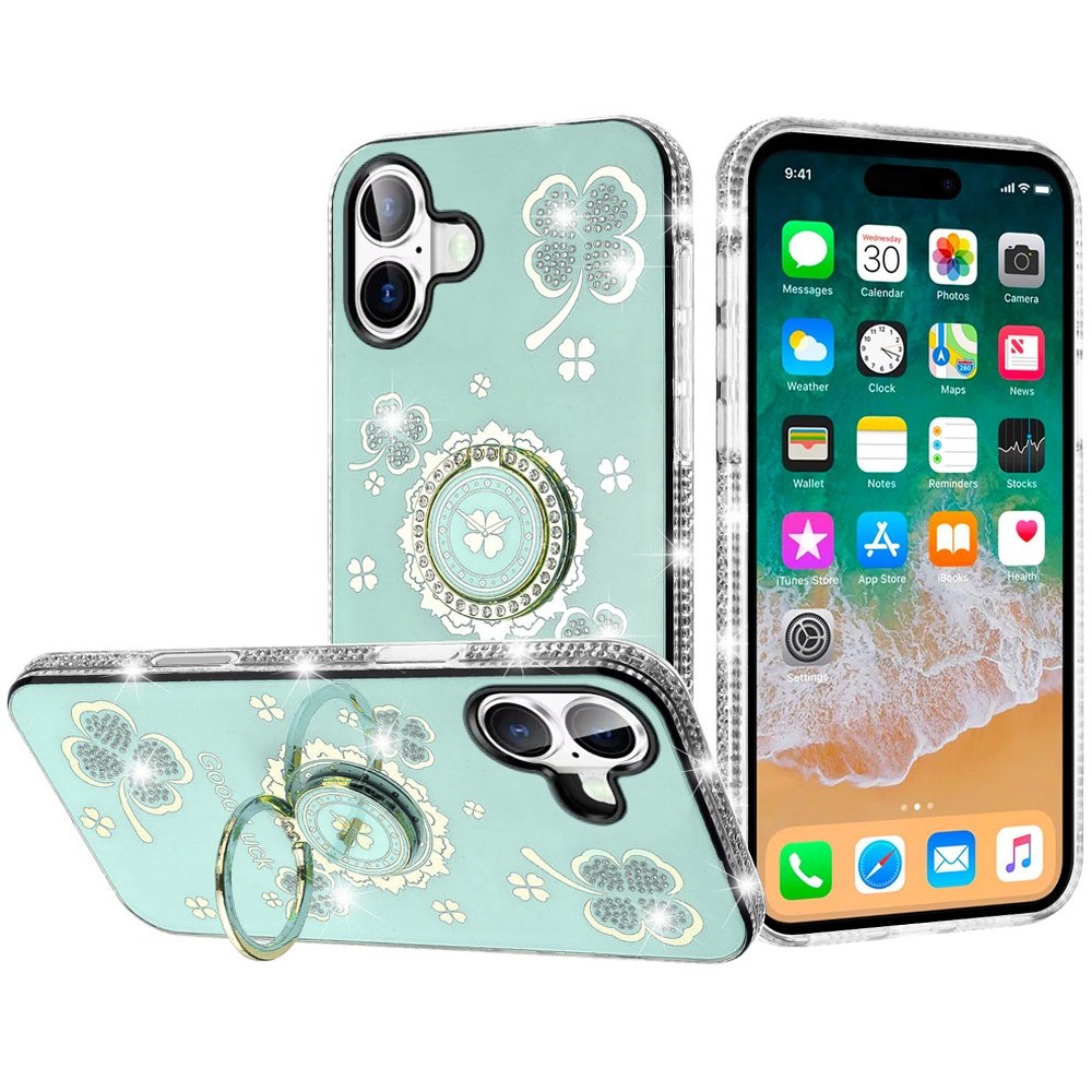 for iphone 16 plus 6.7 inch splendid glitter with diamonds all around edges ring stand case cover teal