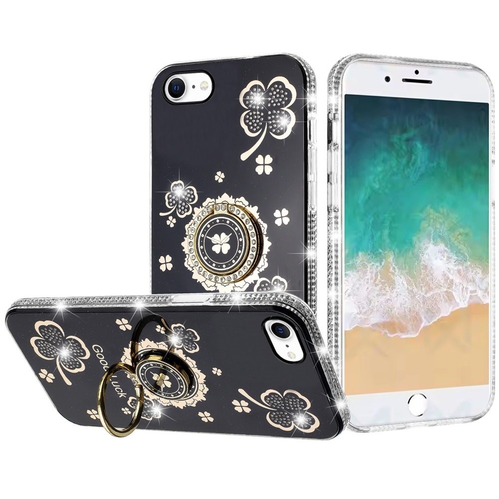 for iphone 17e / 16e / se4 splendid glitter with diamonds all around edges ring stand case cover black