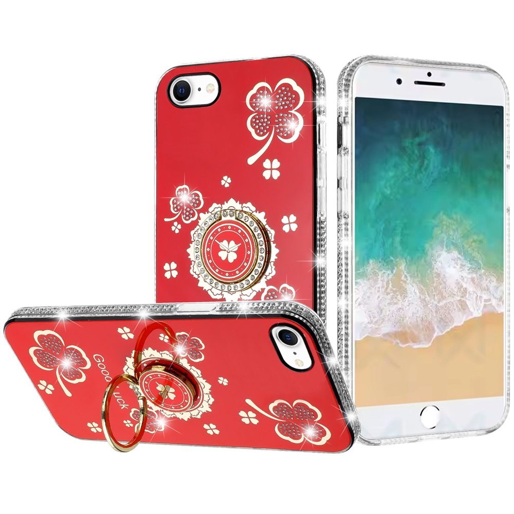for iphone 17e / 16e / se4 splendid glitter with diamonds all around edges ring stand case cover red