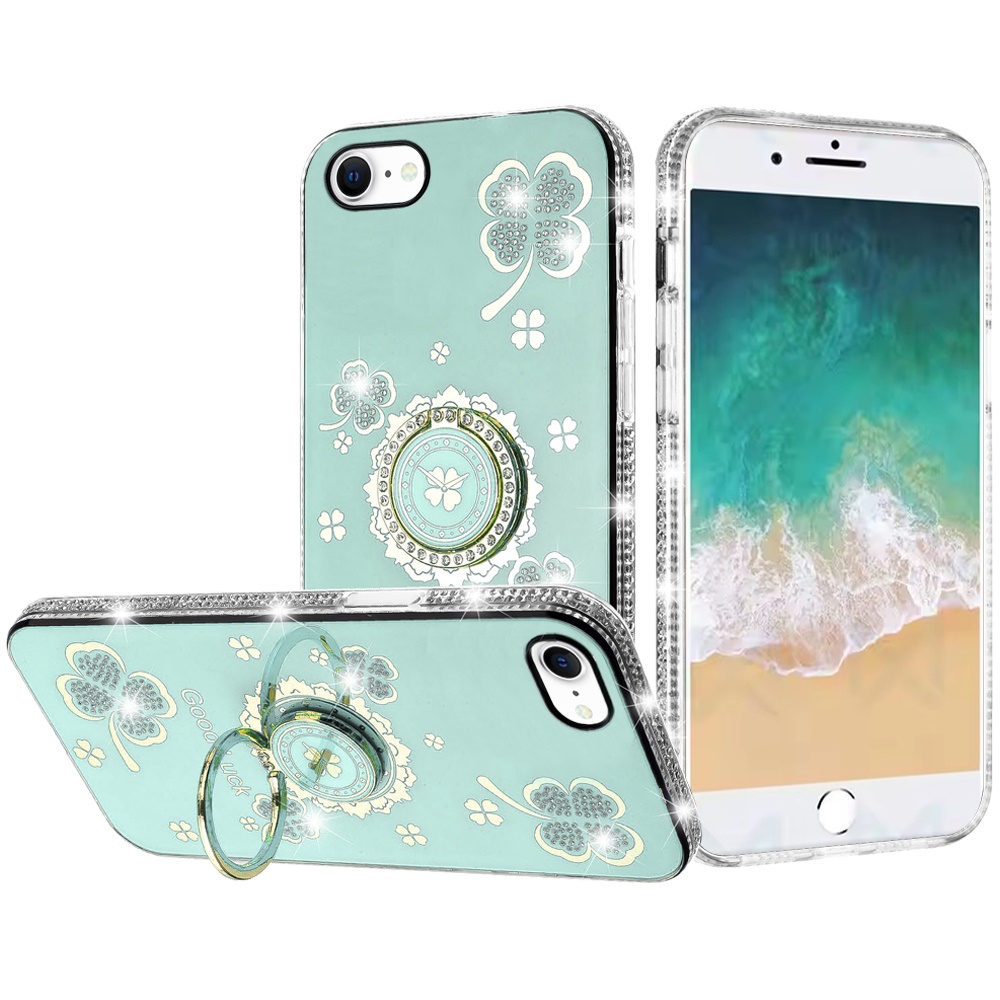 for iphone 17e / 16e / se4 splendid glitter with diamonds all around edges ring stand case cover teal