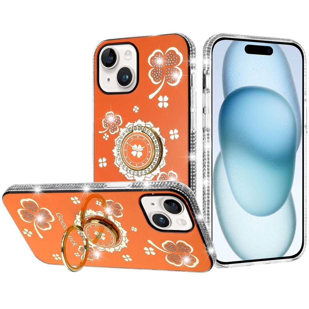 for iphone 15 splendid glitter with diamonds all around edges ring stand case cover cosmic orange