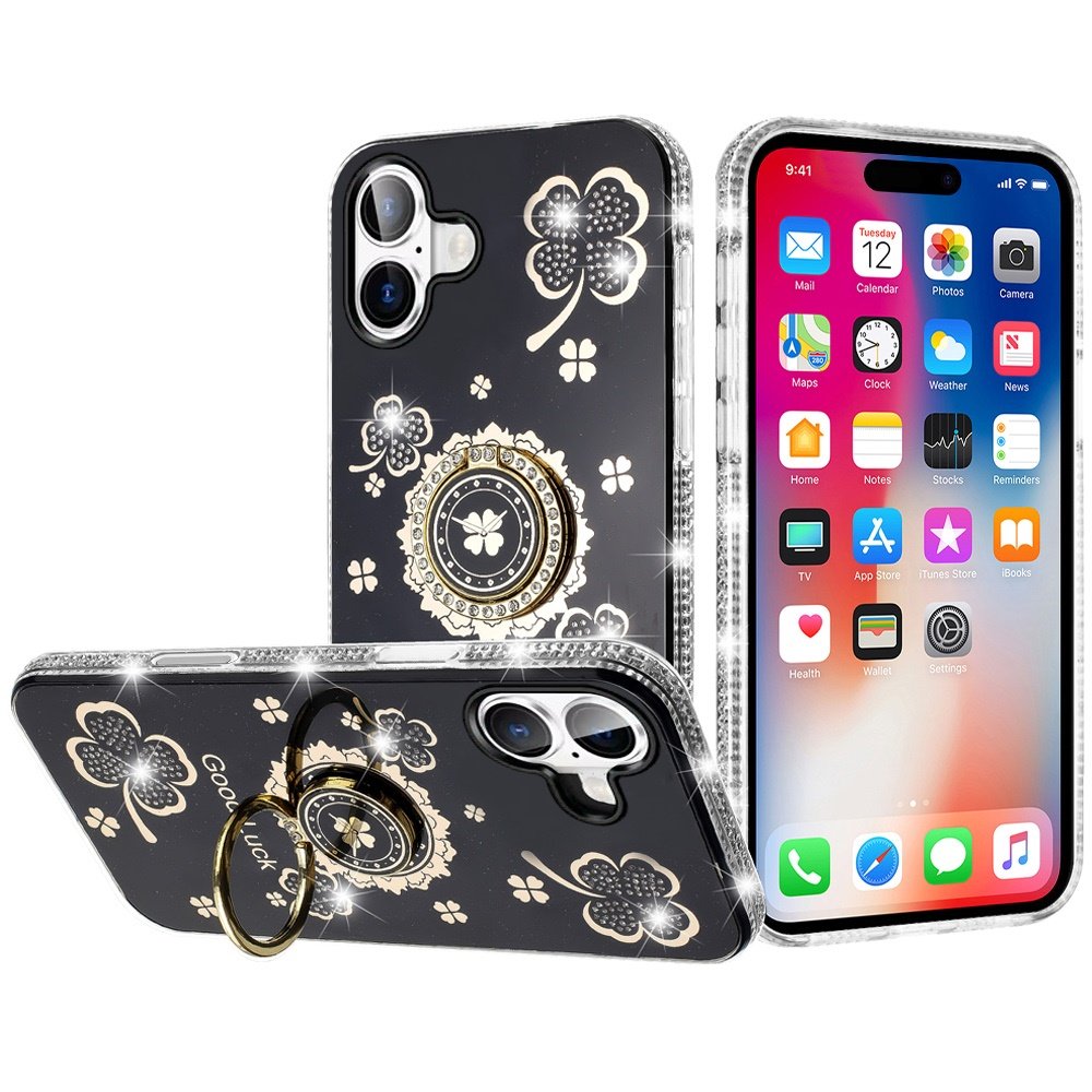for iphone 16 6.1 inch splendid glitter with diamonds all around edges ring stand case cover black