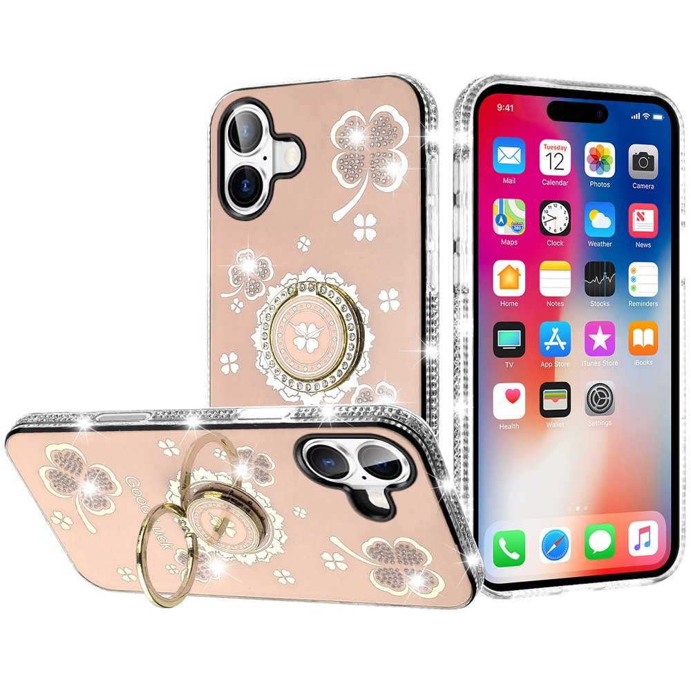 for iphone 16 6.1 inch splendid glitter with diamonds all around edges ring stand case cover gold