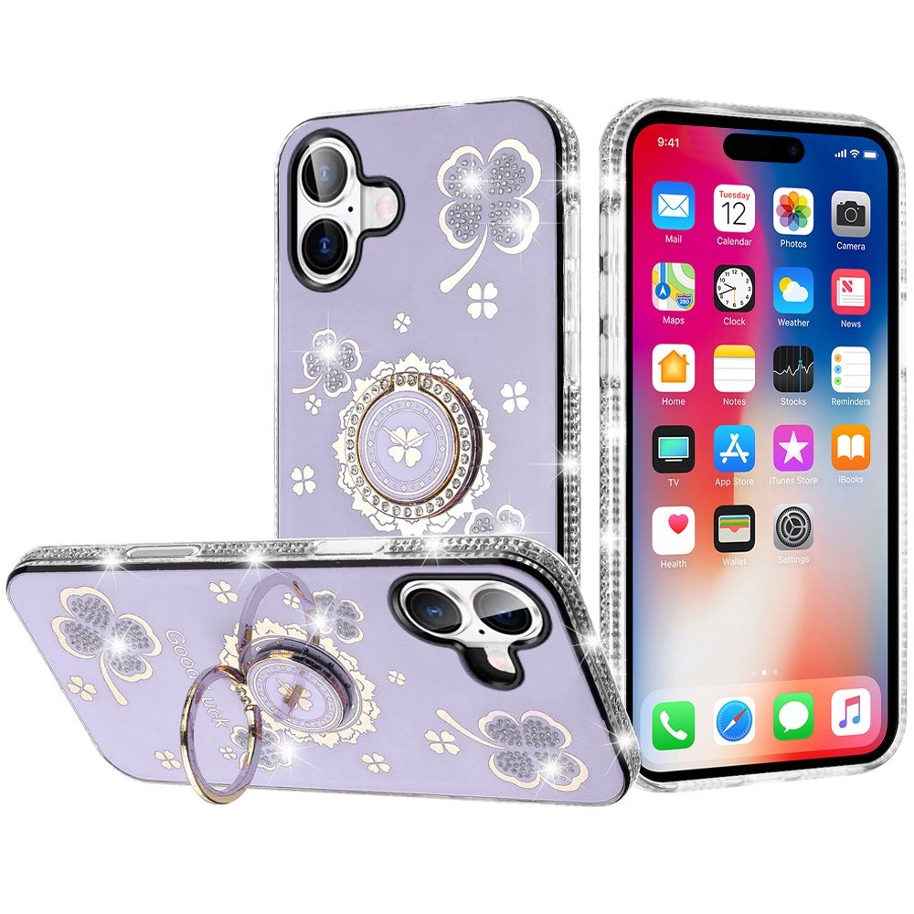 for iphone 16 6.1 inch splendid glitter with diamonds all around edges ring stand case cover purple