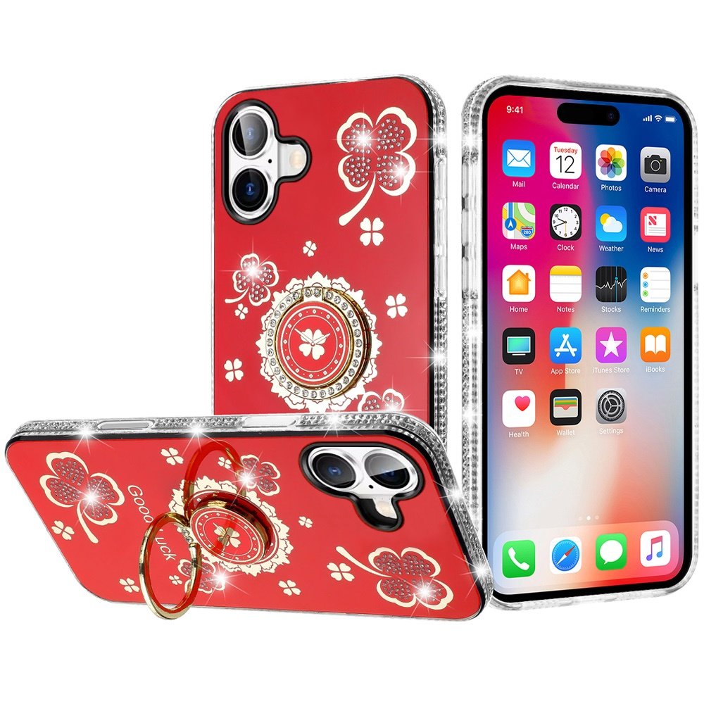 for iphone 16 6.1 inch splendid glitter with diamonds all around edges ring stand case cover red
