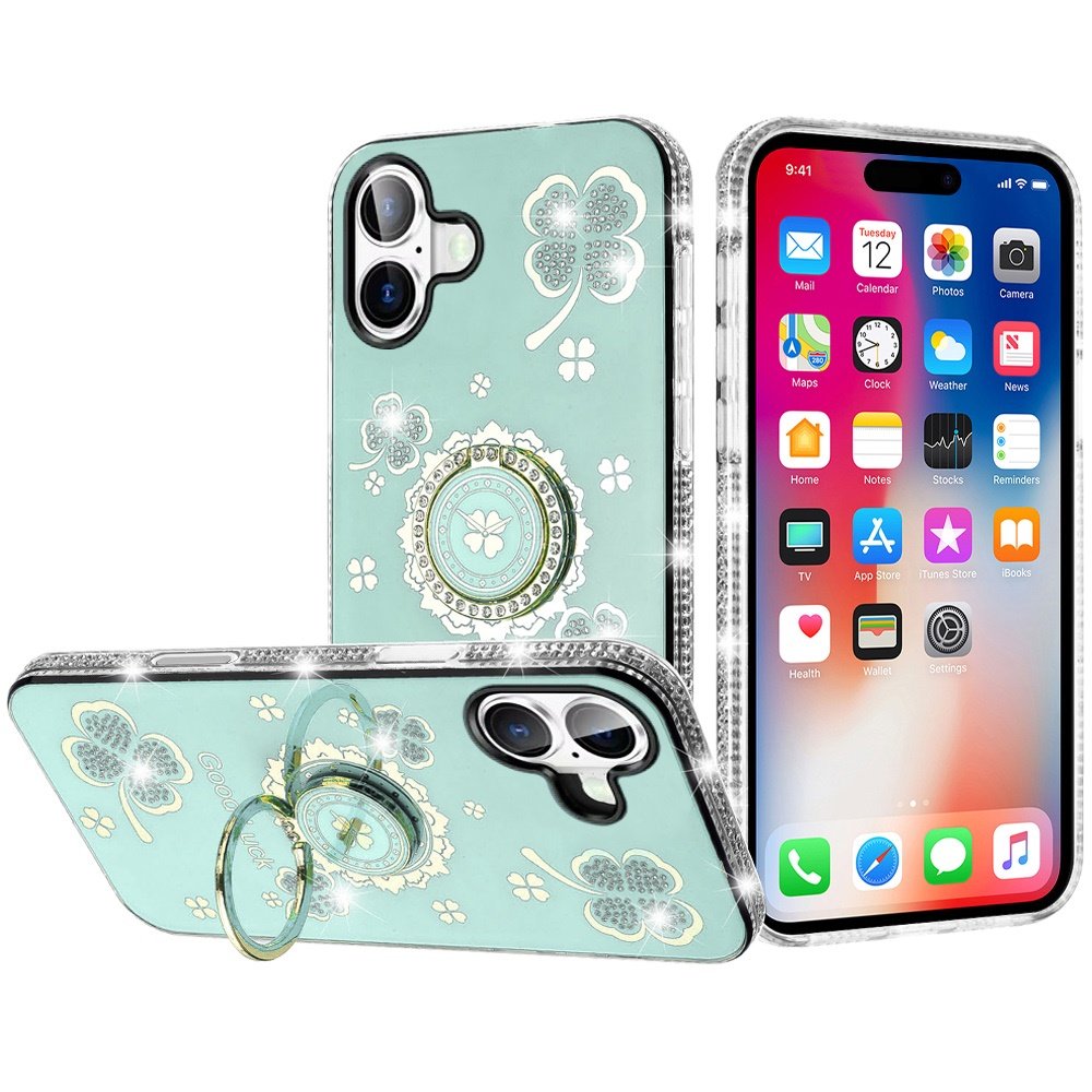 for iphone 16 6.1 inch splendid glitter with diamonds all around edges ring stand case cover teal