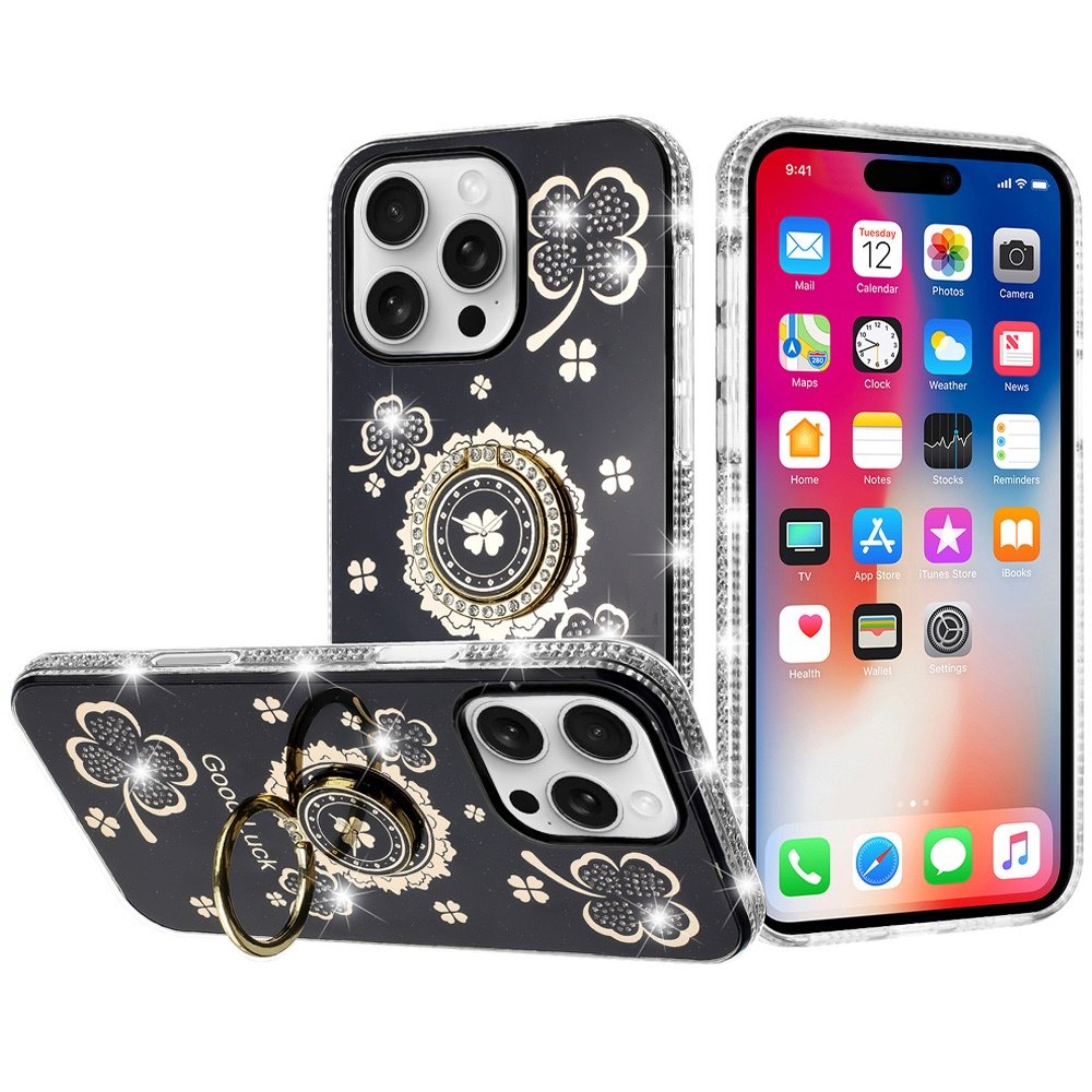for iphone 16 pro 6.3 inch splendid glitter with diamonds all around edges ring stand case cover black