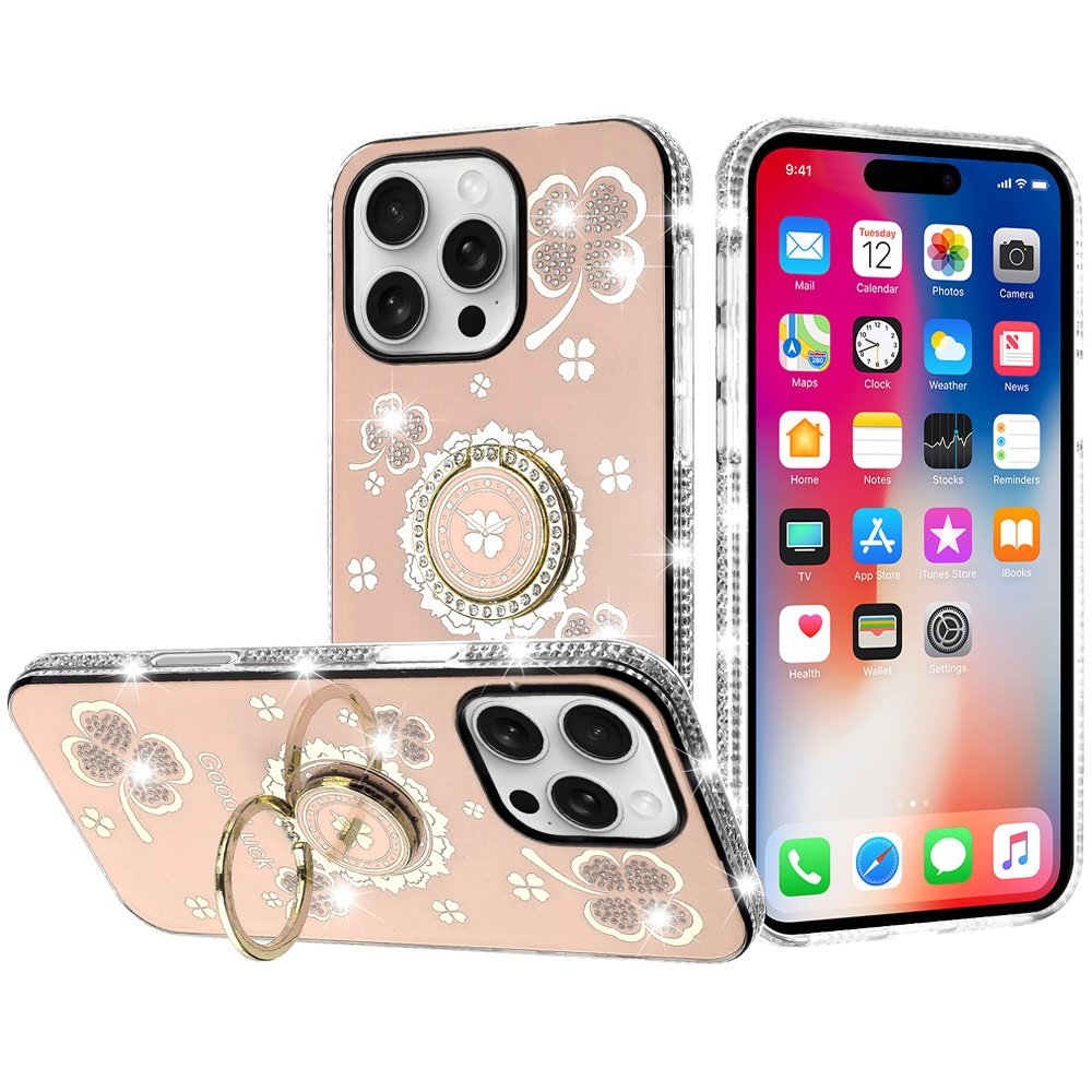 for iphone 16 pro 6.3 inch splendid glitter with diamonds all around edges ring stand case cover gold