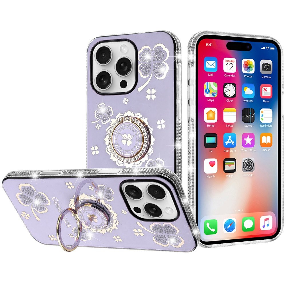 for iphone 16 pro 6.3 inch splendid glitter with diamonds all around edges ring stand case cover purple