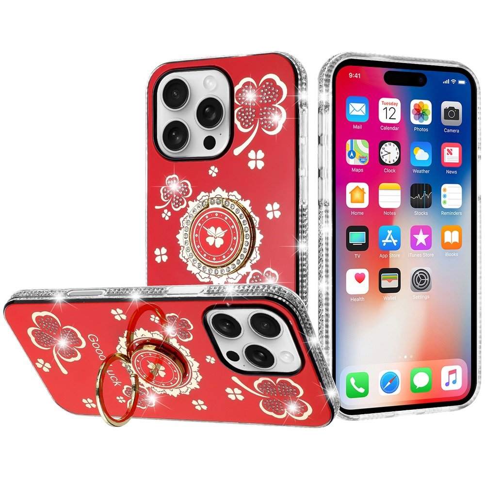 for iphone 16 pro 6.3 inch splendid glitter with diamonds all around edges ring stand case cover red