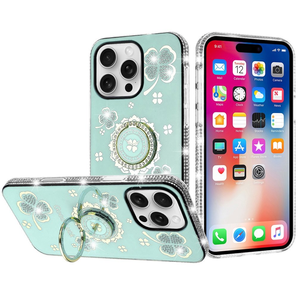 for iphone 16 pro 6.3 inch splendid glitter with diamonds all around edges ring stand case cover teal