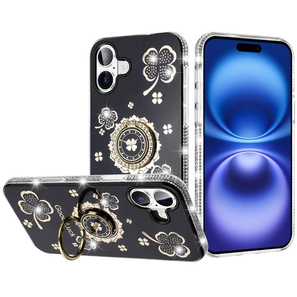for iphone 17 splendid glitter with diamonds all around edges ring stand case cover black