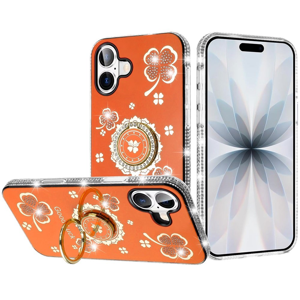 for iphone 17 splendid glitter with diamonds all around edges ring stand case cover cosmic orange
