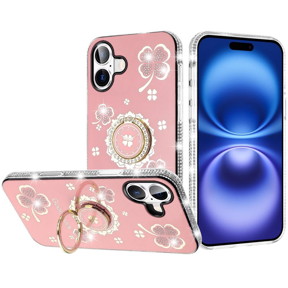 for iphone 17 splendid glitter with diamonds all around edges ring stand case cover pink