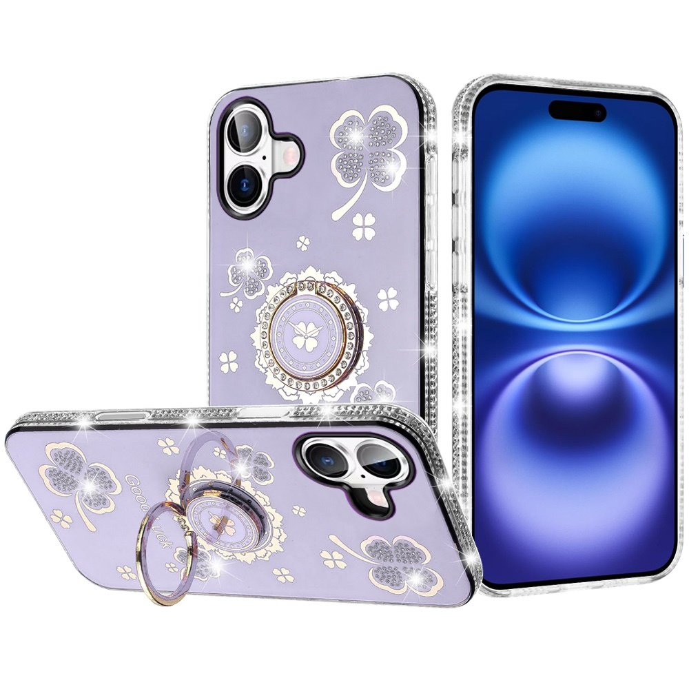 for iphone 17 splendid glitter with diamonds all around edges ring stand case cover purple