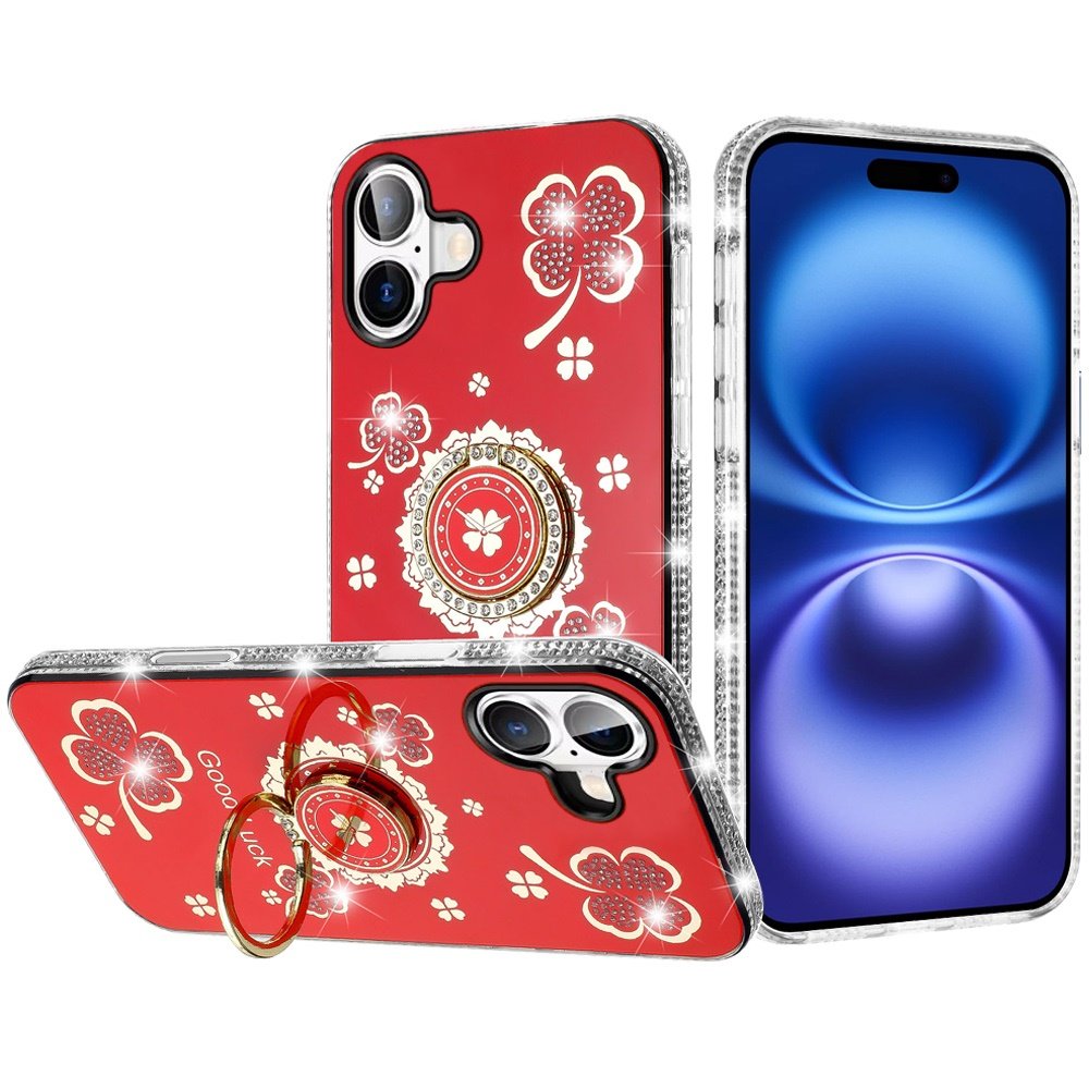 for iphone 17 splendid glitter with diamonds all around edges ring stand case cover red