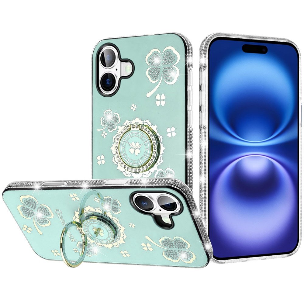 for iphone 17 splendid glitter with diamonds all around edges ring stand case cover teal