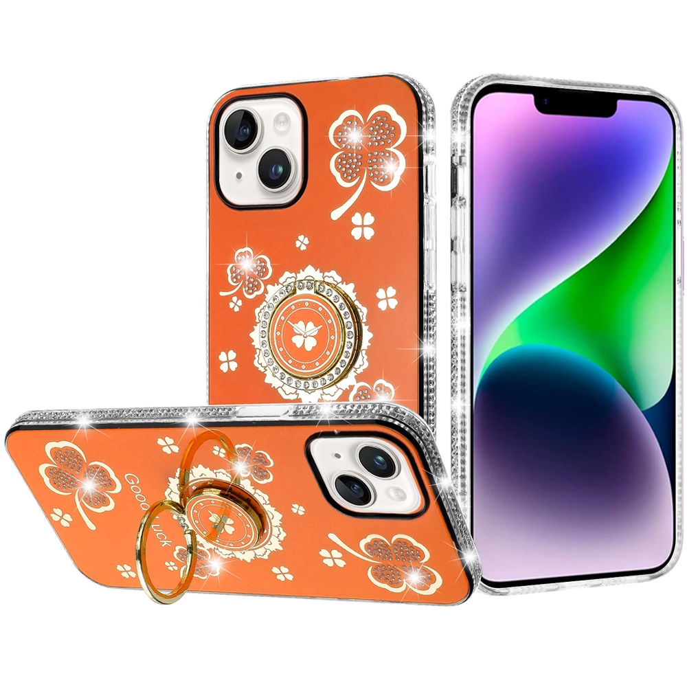 for iphone 13/14 splendid glitter with diamonds all around edges ring stand case cover cosmic orange