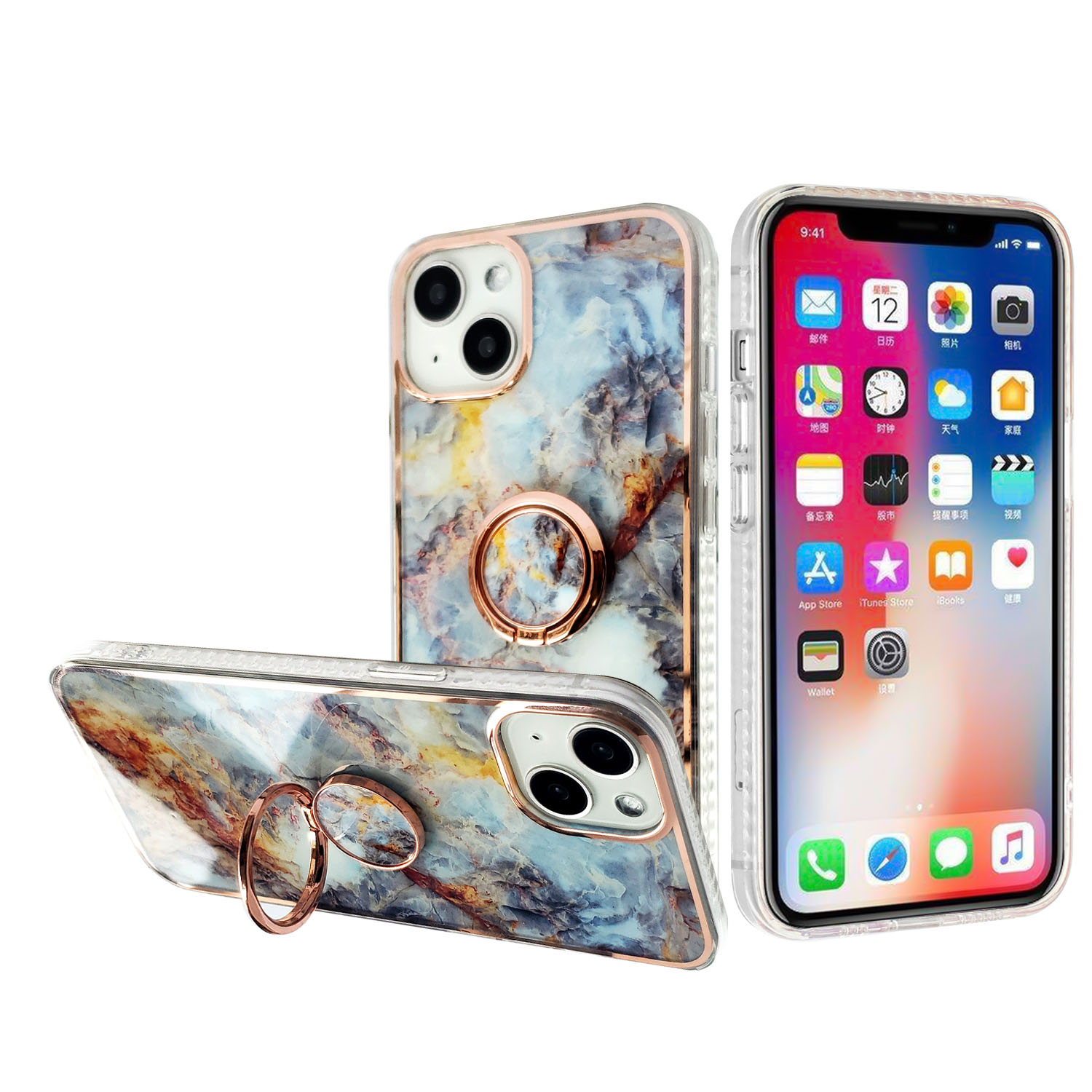 for apple iphone 14 pro 6.1" superior rosegold chromed edge imd ring stand design case cover a