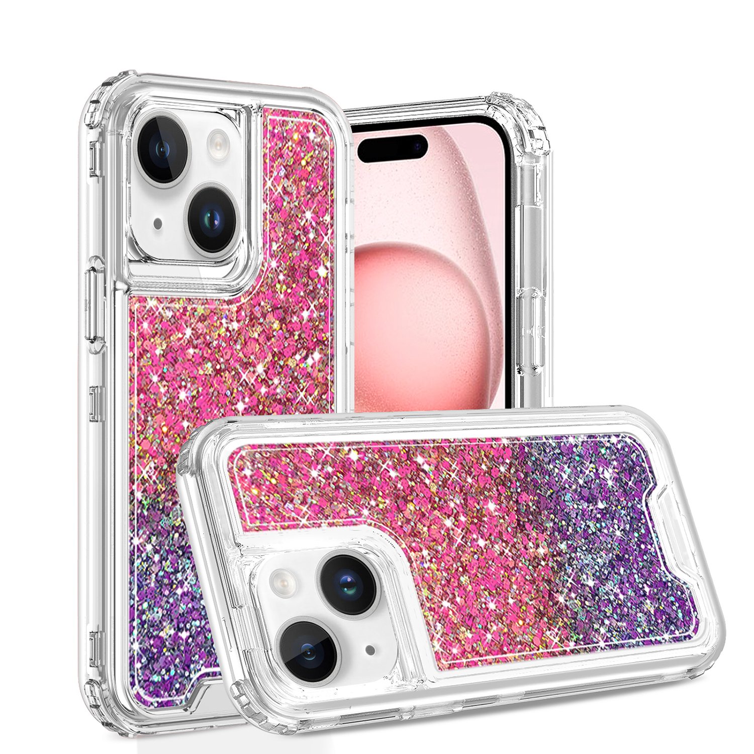 for iphone 15 epoxy sticker glitter 3in1 shockproof transparent hybrid case hot pink + purple