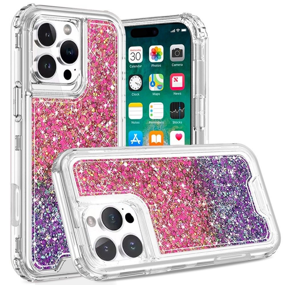 for iphone 16 pro max 6.9 inch epoxy sticker glitter 3in1 shockproof transparent hybrid case hot pink + purple