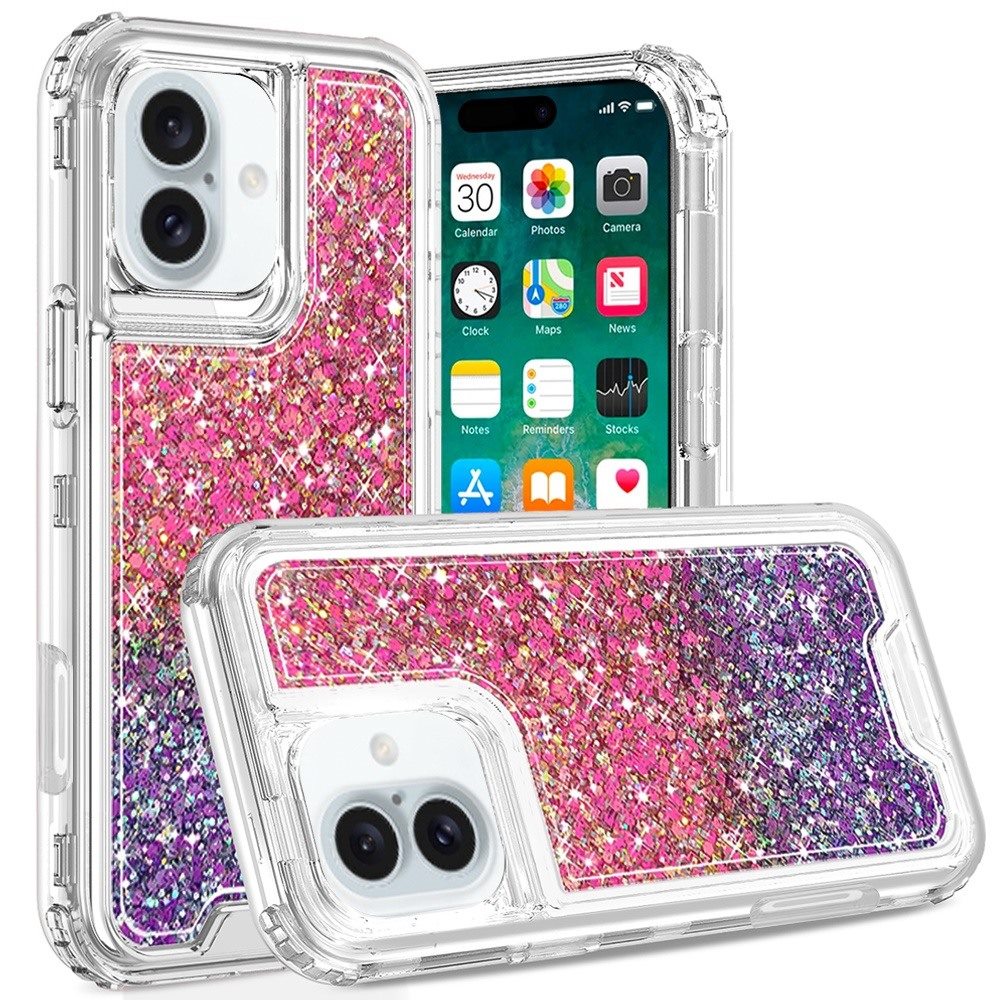for iphone 16 plus 6.7 inch epoxy sticker glitter 3in1 shockproof transparent hybrid case hot pink + purple