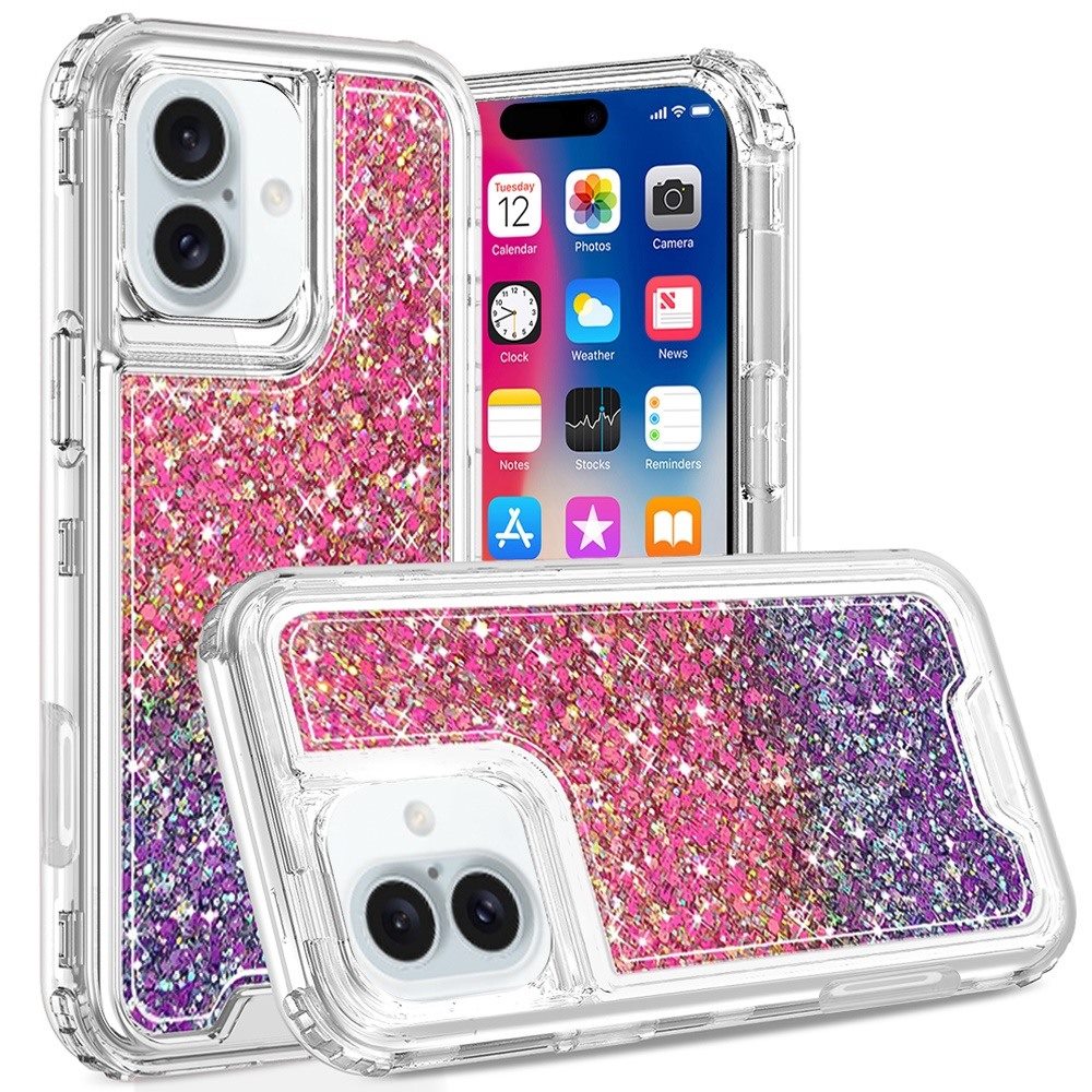 for iphone 16 6.1 inch epoxy sticker glitter 3in1 shockproof transparent hybrid case hot pink + purple