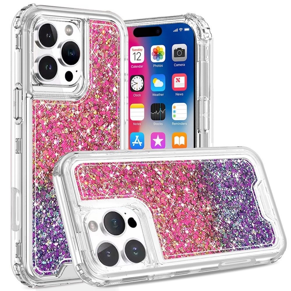 for iphone 16 pro 6.3 inch epoxy sticker glitter 3in1 shockproof transparent hybrid case hot pink + purple