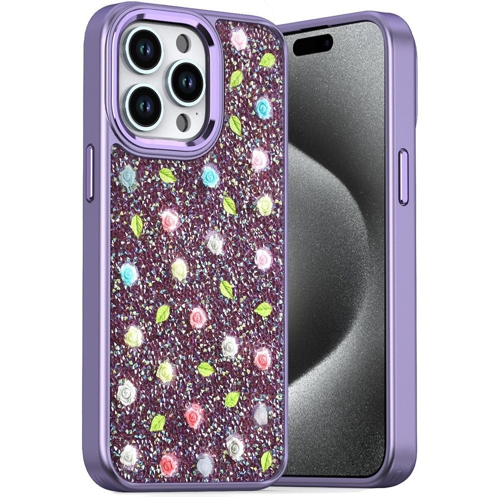 for ip15 pro max stick on embedded glass diamonds of colorful floral arrangement hq hybrid case purple