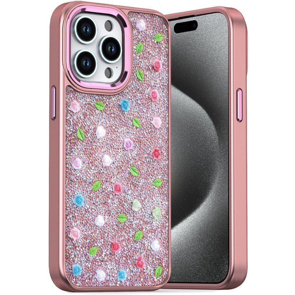 for ip15 pro max stick on embedded glass diamonds of colorful floral arrangement hq hybrid case rose gold