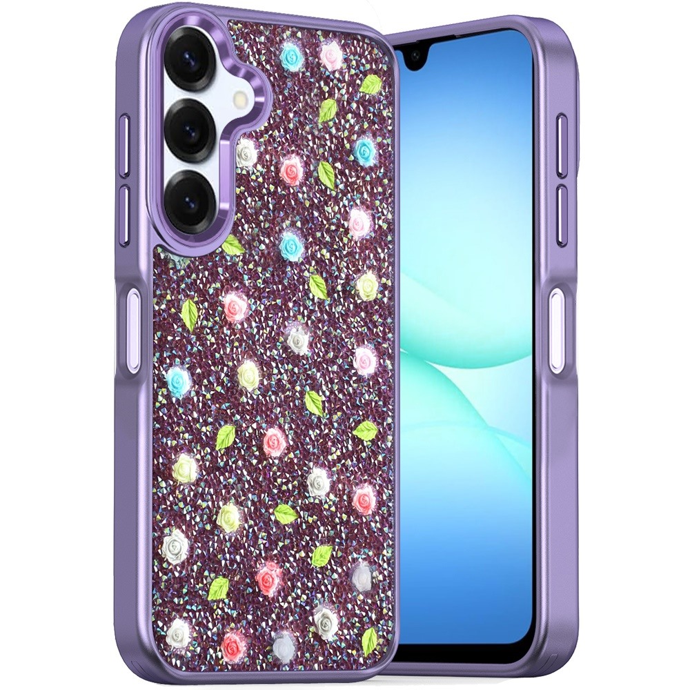 for samsung a17 5g stick on embedded glass diamonds of colorful floral arrangement hq hybrid case purple