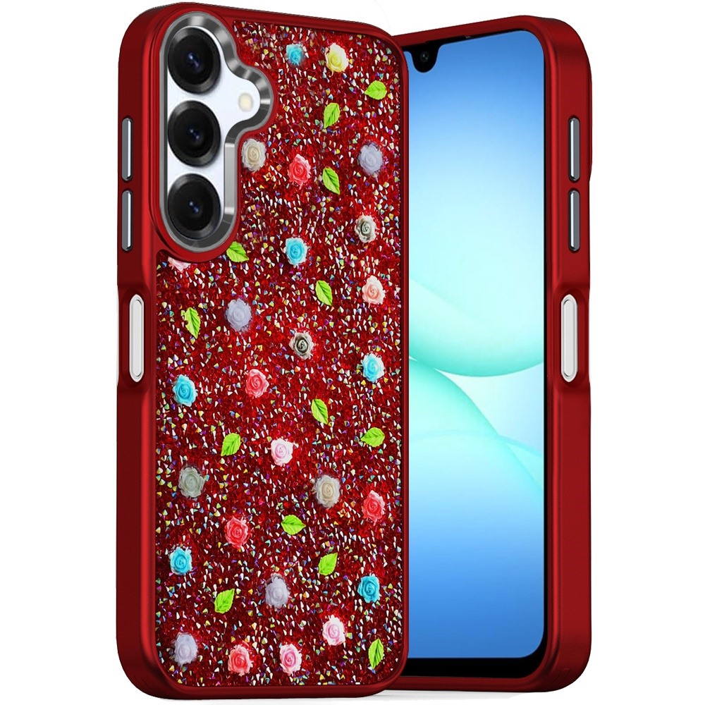 for samsung a17 5g stick on embedded glass diamonds of colorful floral arrangement hq hybrid case red