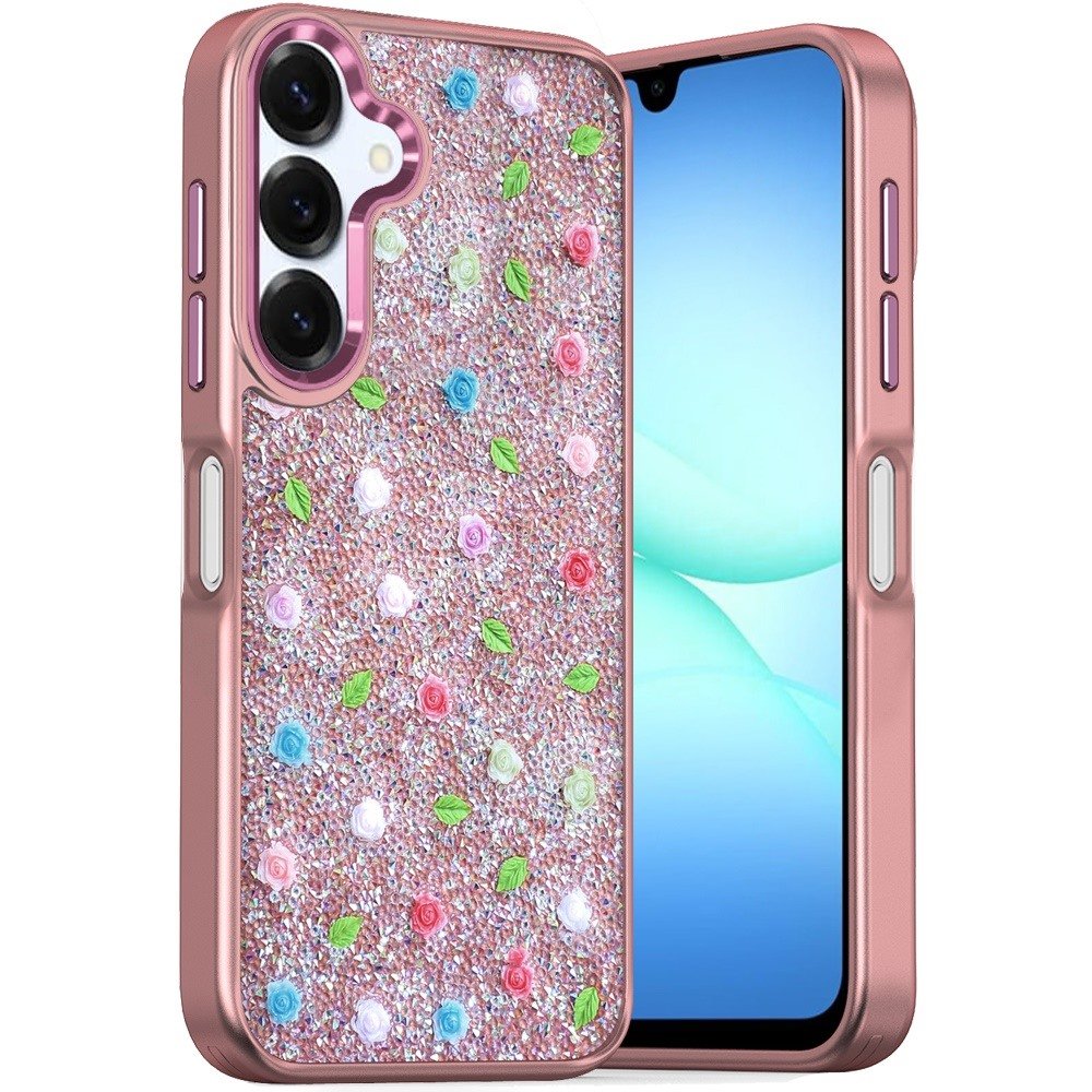 for samsung a17 5g stick on embedded glass diamonds of colorful floral arrangement hq hybrid case rose gold