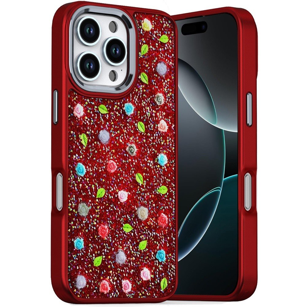 for iphone 16 pro max 6.9 inch stick on embedded glass diamonds of colorful floral arrangement hq hybrid case red
