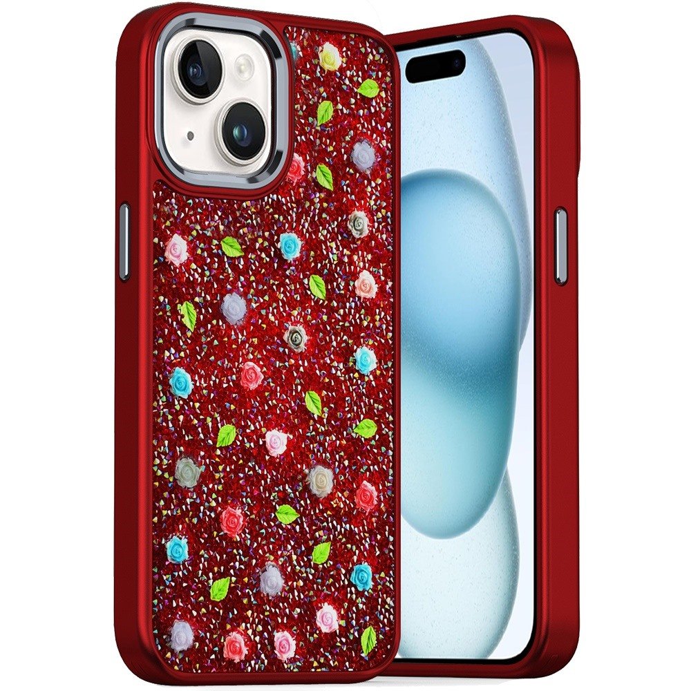 for iphone 15 stick on embedded glass diamonds of colorful floral arrangement hq hybrid case red