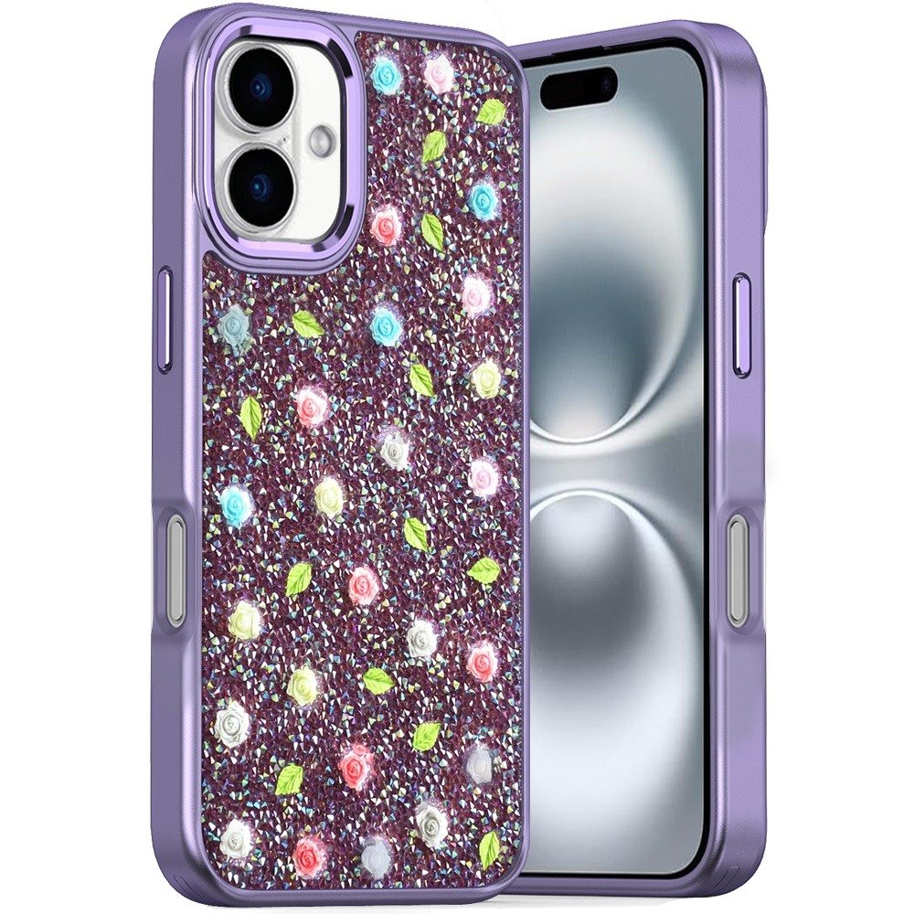 for iphone 16 6.1 inch stick on embedded glass diamonds of colorful floral arrangement hq hybrid case purple