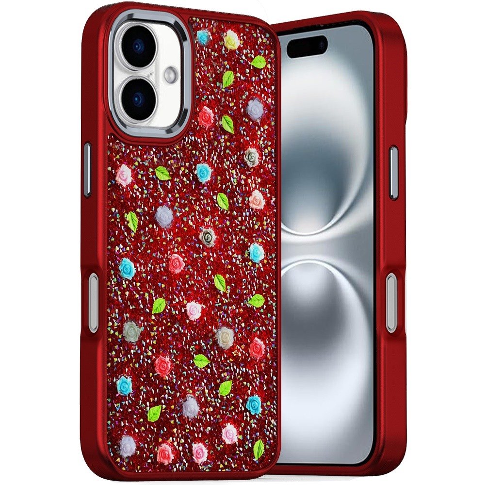 for iphone 16 6.1 inch stick on embedded glass diamonds of colorful floral arrangement hq hybrid case red