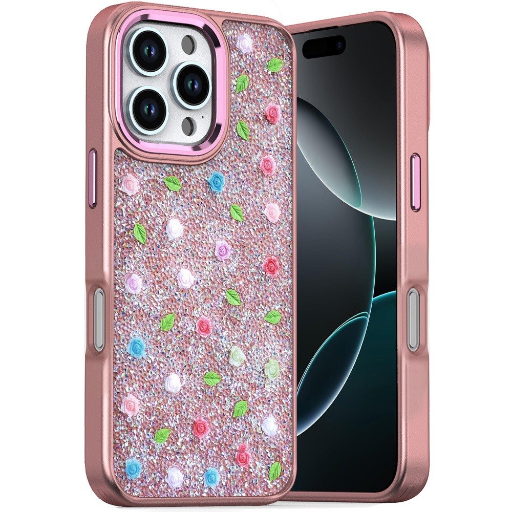 for iphone 16 pro 6.3 inch stick on embedded glass diamonds of colorful floral arrangement hq hybrid case rose gold