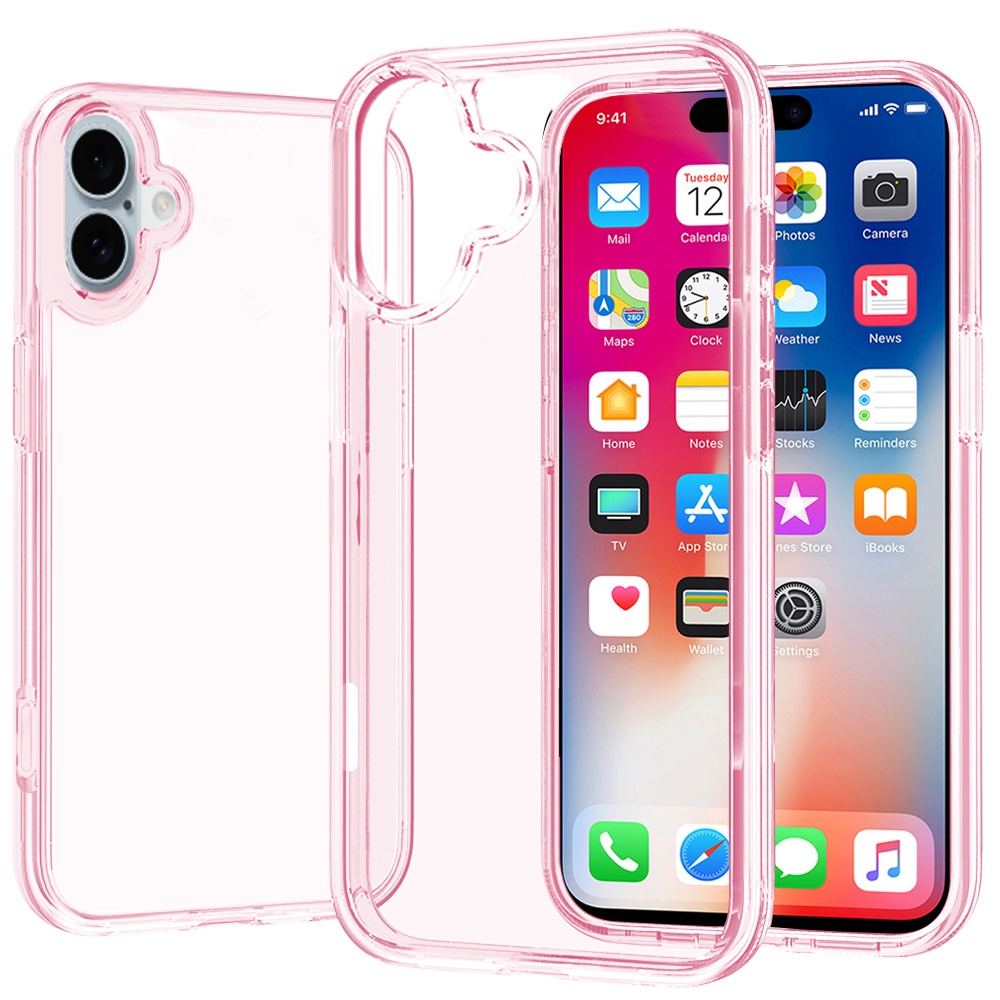 for iphone 16 6.1 inch sturdy ultra thick 3mm transparent hybrid case cover pink