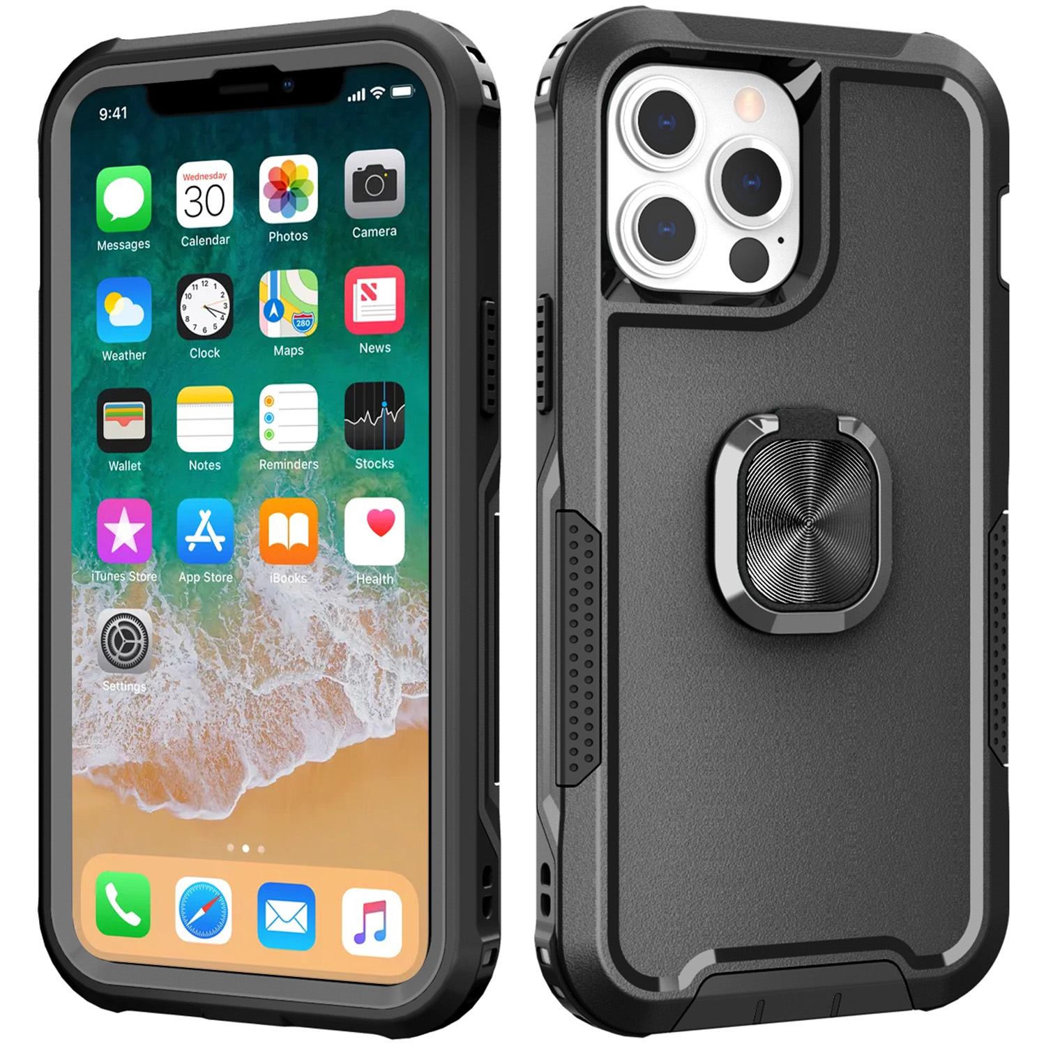 for apple iphone 14 pro max 6.7" superior 3in1 magnetic ring stand case cover black