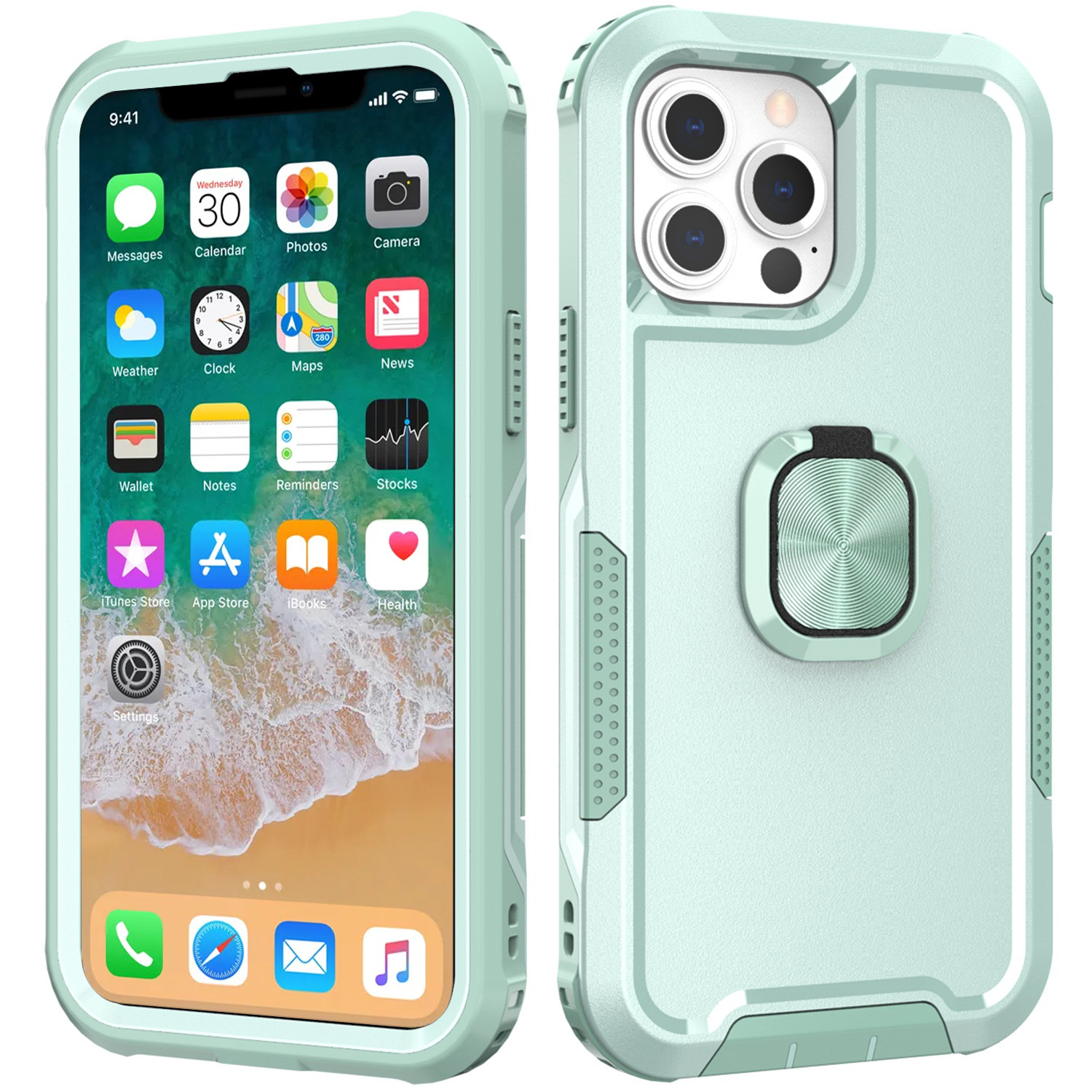 for apple iphone 14 pro 6.1" superior 3in1 magnetic ring stand case cover teal