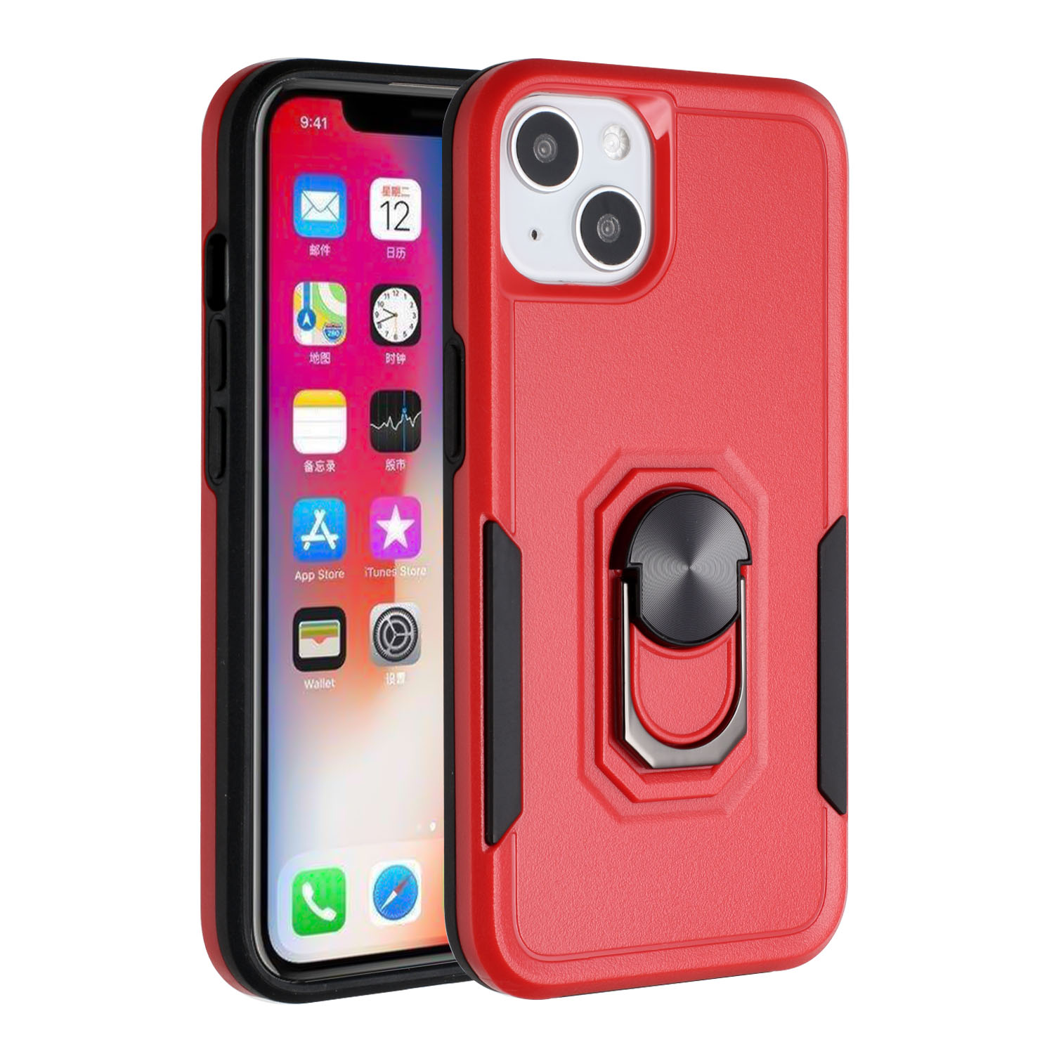 for apple iphone 14 pro 6.1" tough strong dual layer flat magnetic ring stand case cover red